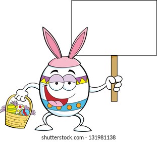 Cartoon illustration of an Easter egg wearing rabbit ears and holding a sign.