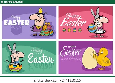 Cartoon illustration of Easter holiday greeting cards designs set with people and chicks