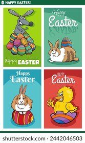 Cartoon illustration of Easter holiday greeting cards designs set with bunnies and chick