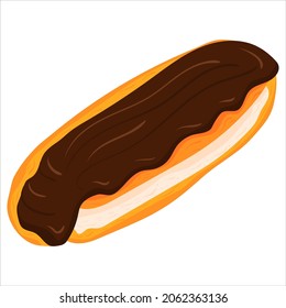 Ilustración de caricatura con eclair en el acristalamiento de chocolate . Gráfica dibujada a mano por vectores. La comida única aislada arte.