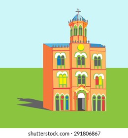 Cartoon illustration of an eclectic architecture object with shadow in an empty abstract landscape