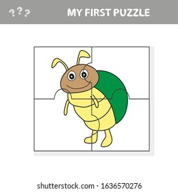 Cartoon Illustration of Education Jigsaw Puzzle Game for Preschool Children with Funny Beetle Character - My first puzzle