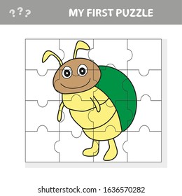 Cartoon Illustration of Education Jigsaw Puzzle Game for Preschool Children with Funny Beetle Character - My first puzzle