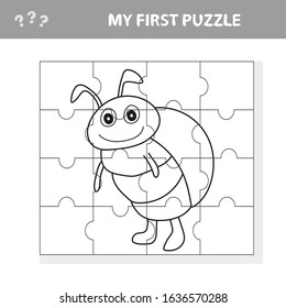 Cartoon Illustration of Education Jigsaw Puzzle Game for Preschool Children with Funny Beetle Character - My first puzzle and coloring book