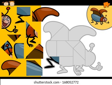 Cartoon Illustration of Education Jigsaw Puzzle Game for Preschool Children with Funny Beetle Character