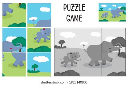 Cartoon Illustration of Education Jigsaw Puzzle Game for Preschool Children with a family of elephants for a walk