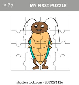 Cartoon Illustration of Education Jigsaw Puzzle Game for Preschool Children with Funny Beetle Character - My first puzzle