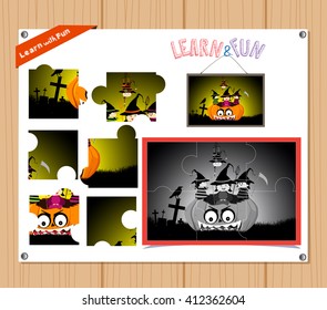 Cartoon Illustration of Education Jigsaw Puzzle Game for Preschool Children with halloween