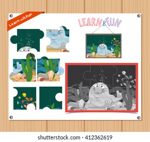 Cartoon Illustration of Education Jigsaw Puzzle Game for Preschool Children with underwater world