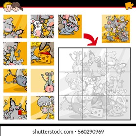 Cartoon Illustration of Education Jigsaw Puzzle Activity for Children with Mice Animal Characters