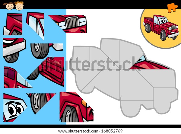 Cartoon\
Illustration of Education Jigsaw Puzzle Game for Preschool Children\
with Funny Pick Up Truck Vehicle\
Character