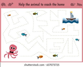 Cartoon illustration of education. Matching game for preschool kids trace the path of a big octopus in the sea to eat all the fish. Education and games. Learn handwriting. Vector illustration