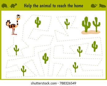 Cartoon illustration of education. Matching game for preschool kids trace the path of the ostrich in the desert. Education and games. Learn handwriting. Vector illustration