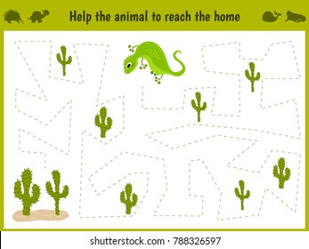 Cartoon illustration of education. Matching game for preschool kids trace the path of a lizard in the desert. Education and games. Learn handwriting. Vector illustration