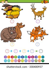 Cartoon Illustration of Education Mathematical Addition Task for Preschool Children with Forest Animals