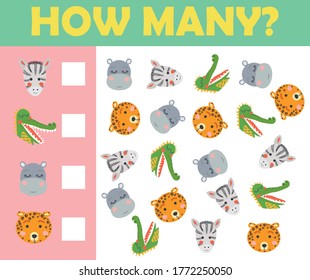 Cartoon Illustration of Education Mathematical Game of Animals Counting for Preschool Children