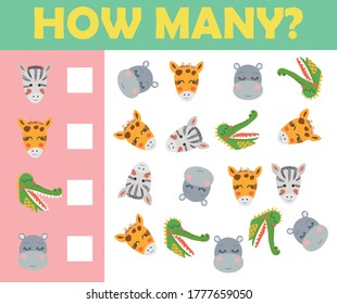 Cartoon Illustration of Education Mathematical Game of Animals Counting for Preschool Children
