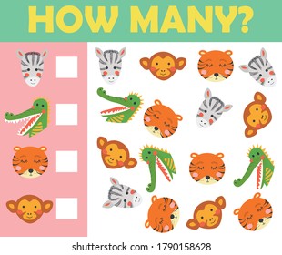 Cartoon Illustration of Education Mathematical Game of Animals Counting for Preschool Children