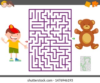 Cartoon Illustration of Education Maze Activity Game for Children with Boy and his Teddy Bear