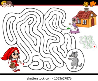 Cartoon Illustration of Education Maze or Labyrinth Activity Game for Children with Little Red Riding Hood