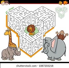 Cartoon Illustration of Education Maze or Labyrinth Activity Game for Children with Safari Animals