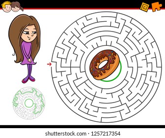 Cartoon Illustration of Education Maze or Labyrinth Activity Game for Children with Girl and Doughnut