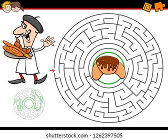 Cartoon Illustration of Education Maze or Labyrinth Activity Game for Children with Baker and Croissant