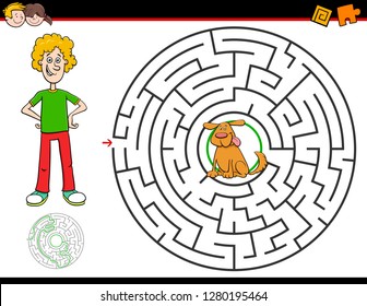 Cartoon Illustration of Education Maze or Labyrinth Activity Game for Children with Boy and Dog