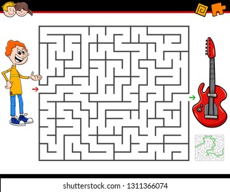 Cartoon Illustration of Education Maze or Labyrinth Activity Game for Children with Boy and Electric Guitar Musical Instrument