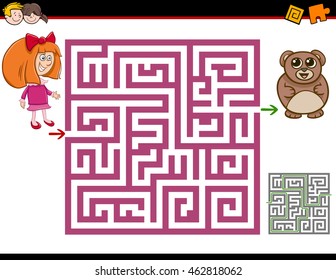 Cartoon Illustration of Education Maze or Labyrinth Activity Task for Children with Girl and Teddy