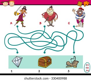 Cartoon Illustration of Education Paths or Maze Puzzle Game for Preschool Children with Pirates