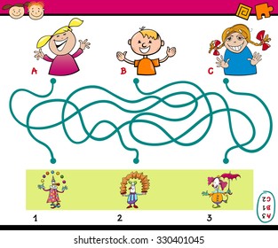 Cartoon Illustration of Education Paths or Maze Puzzle Task for Preschoolers with Children and Clowns
