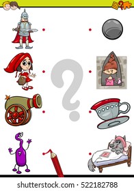 Cartoon Illustration of Education Pictures Matching Game for Children with Fantasy Objects and Characters