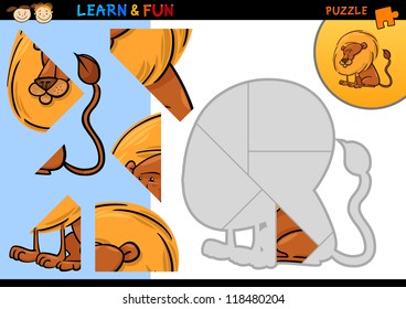 Cartoon Illustration of Education Puzzle Game for Preschool Children with Funny Lion