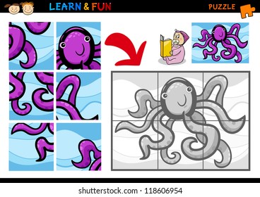 Cartoon Illustration of Education Puzzle Game for Preschool Children with Funny Octopus Animal