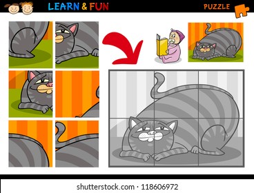 Cartoon Illustration of Education Puzzle Game for Preschool Children with Funny Cat Pet Animal