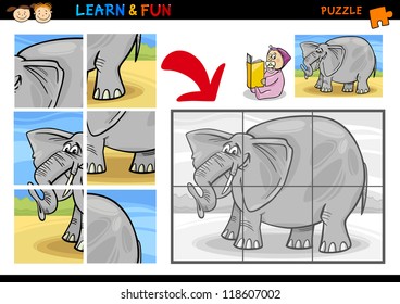 Cartoon Illustration of Education Puzzle Game for Preschool Children with Funny Elephant Animal
