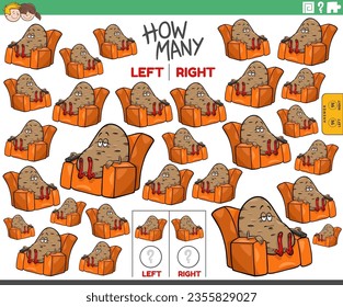 Cartoon illustration of educational activity of counting left and right oriented pictures of couch potato