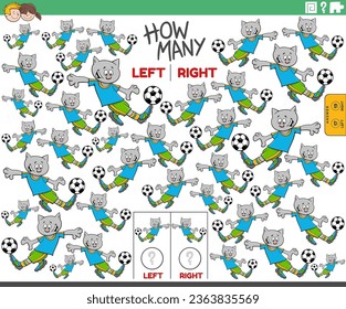 Cartoon illustration of educational activity of counting left and right oriented pictures of cat animal character playing soccer
