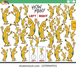 Cartoon illustration of educational activity of counting left and right oriented pictures of comic banana character