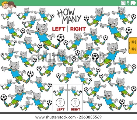 Cartoon illustration of educational activity of counting left and right oriented pictures of cat animal character playing soccer