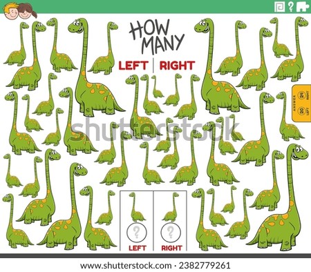 Cartoon illustration of educational activity of counting left and right oriented pictures of comic dinosaur character