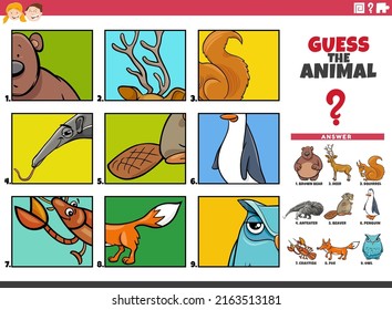 Cartoon illustration of educational activity of guessing animal species for children