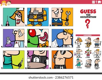 Cartoon illustration of educational activity of guessing the occupation activity for children