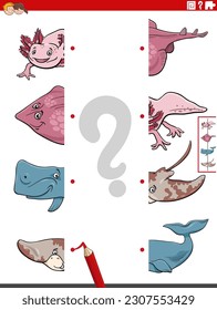 Cartoon illustration of educational activity of matching halves of pictures with funny marine animals characters