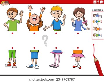 Cartoon illustration of educational activity of matching halves of pictures with children characters