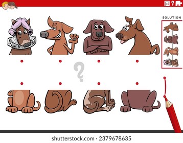 Ilustración de caricatura de la actividad educativa de igualar mitades de imágenes con personajes de animales de perros graciosos