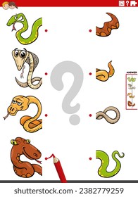 Cartoon illustration of educational activity of matching halves of pictures with funny snakes animal characters