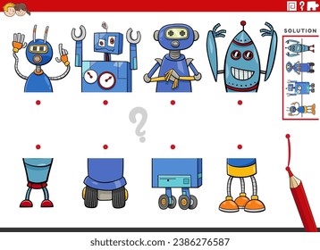 Cartoon illustration of educational activity of matching halves of pictures with robots characters