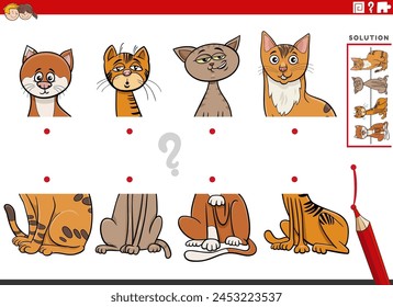 Cartoon-Illustration der pädagogischen Aktivität von passenden Hälften von Bildern mit lustigen Katzen Tierfiguren